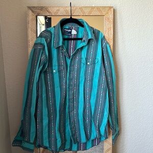 Vintage Wrangler turquoise and pink cowboy cut button up shirt- Size L